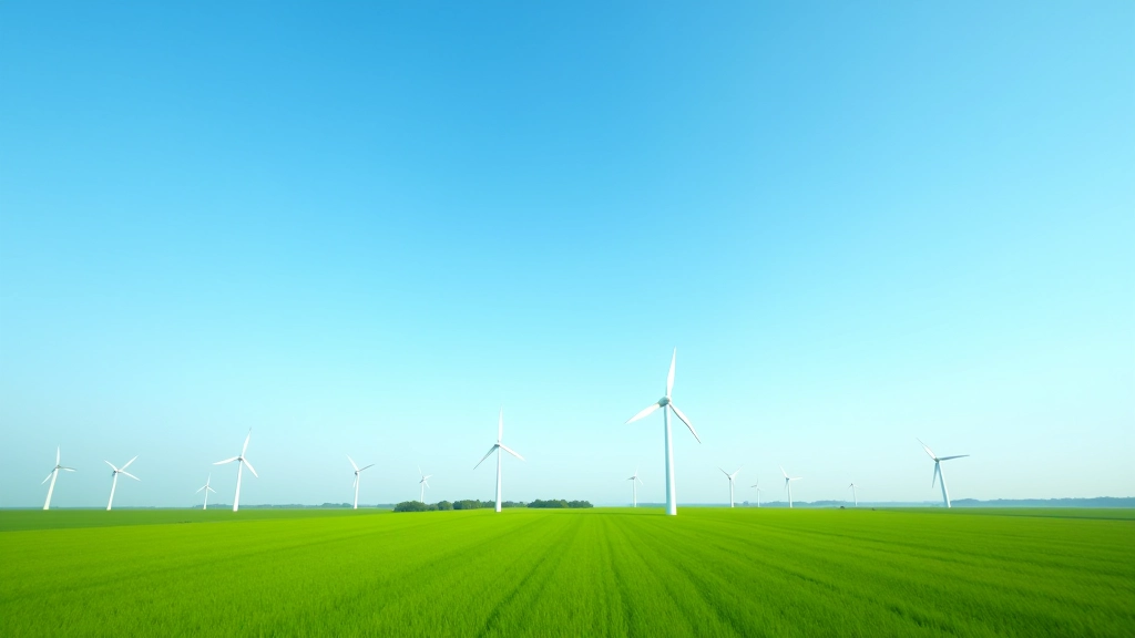 Grüne Windkraftanlagen auf grünem Feld mit blauem Himmel